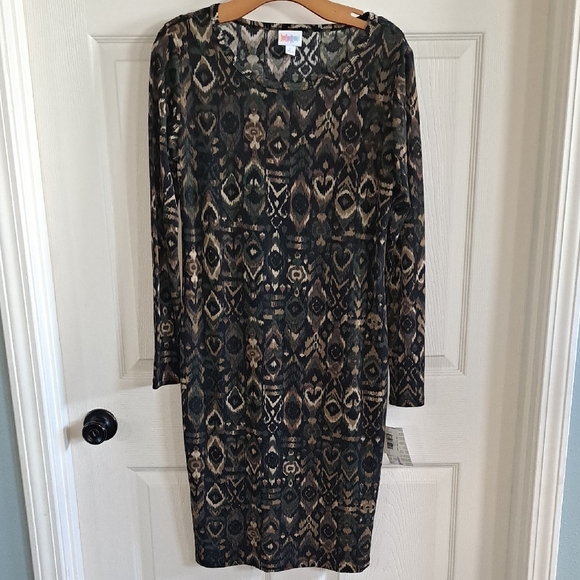 NWT LuLaRoe Debbie Multicolor Ikat Print Stretch Sheath Midi Dress Long Sleeve - Picture 1 of 10